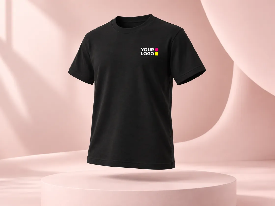 Garment illustration of a black short-sleeved t-shirt with a ribbed crew neck and a small three-colour YOUR LOGO sample on the left breast