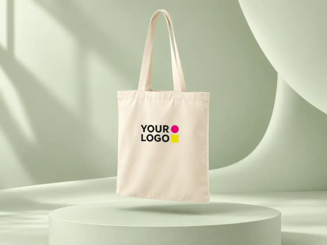 Illustration of a natural cotton tote bag with long handles and a YOUR LOGO sample printed on the front