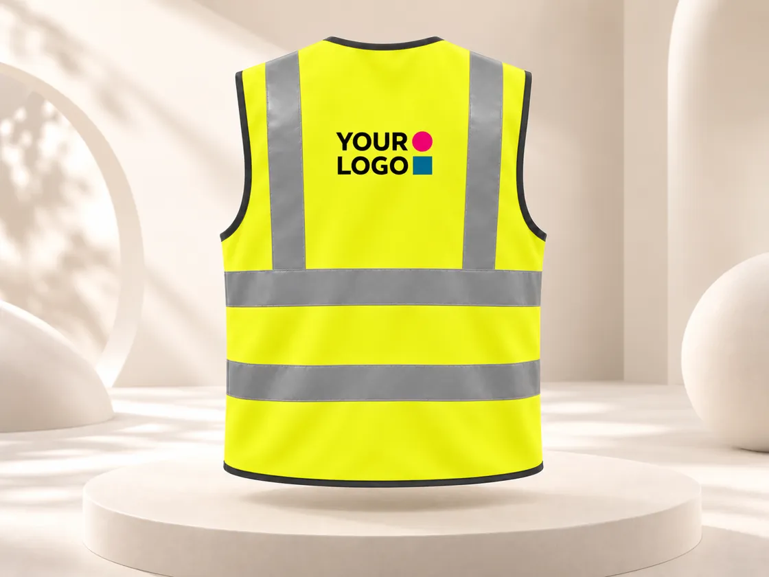Garment illustration of a yellow hi-vis waistcoat from the back, with a YOUR LOGO sample between the shoulder braces and above the horizontal reflective bands