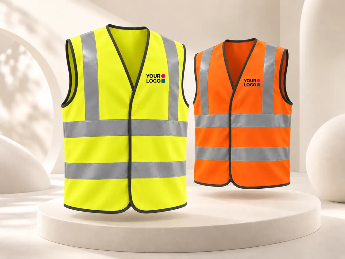 Garment illustration of yellow and orange hi-vis waistcoats with black bound edges, hook-and-loop fronts and reflective bands, each with a small YOUR LOGO sample on the left breast clear of the tape