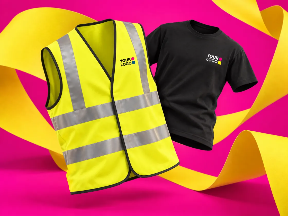 Garment illustration of a black-bound yellow hi-vis waistcoat and black crew-neck t-shirt, each with a small YOUR LOGO sample on the left breast, against magenta and yellow ribbons